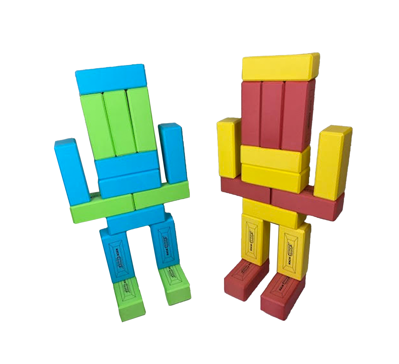 2 robots built from large toy building bricks